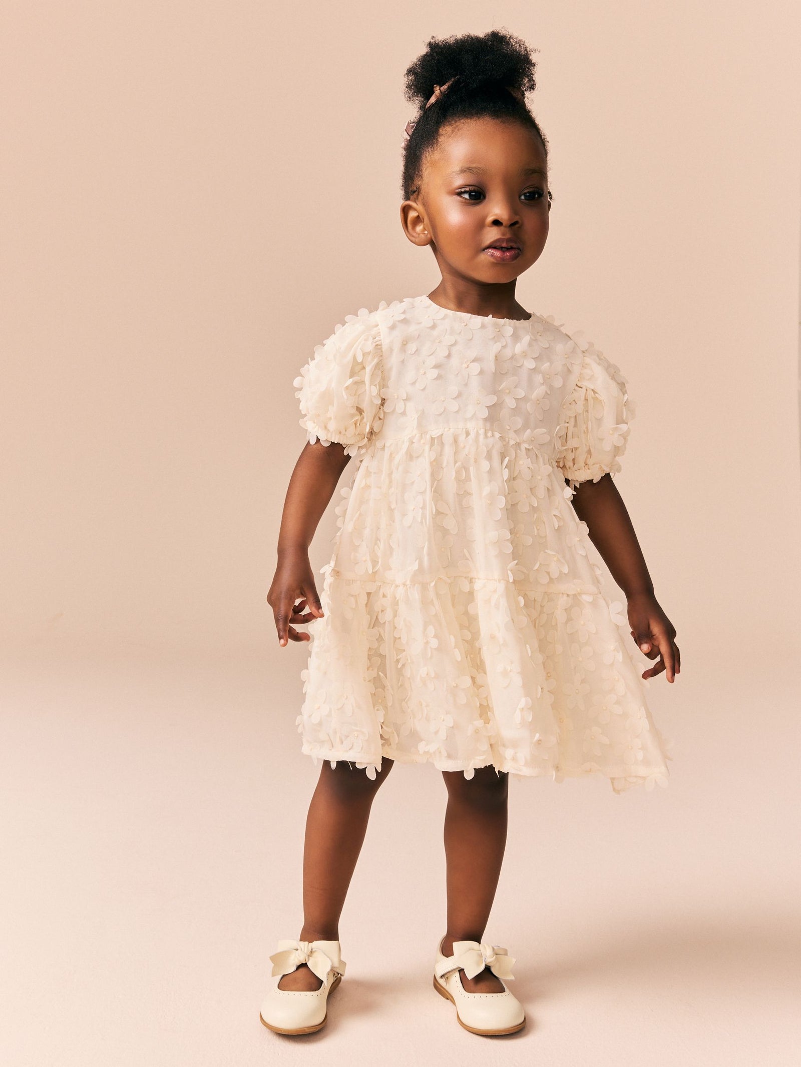 Ecru White Short Sleeve 3D Flowers Dress (3mths-8yrs)