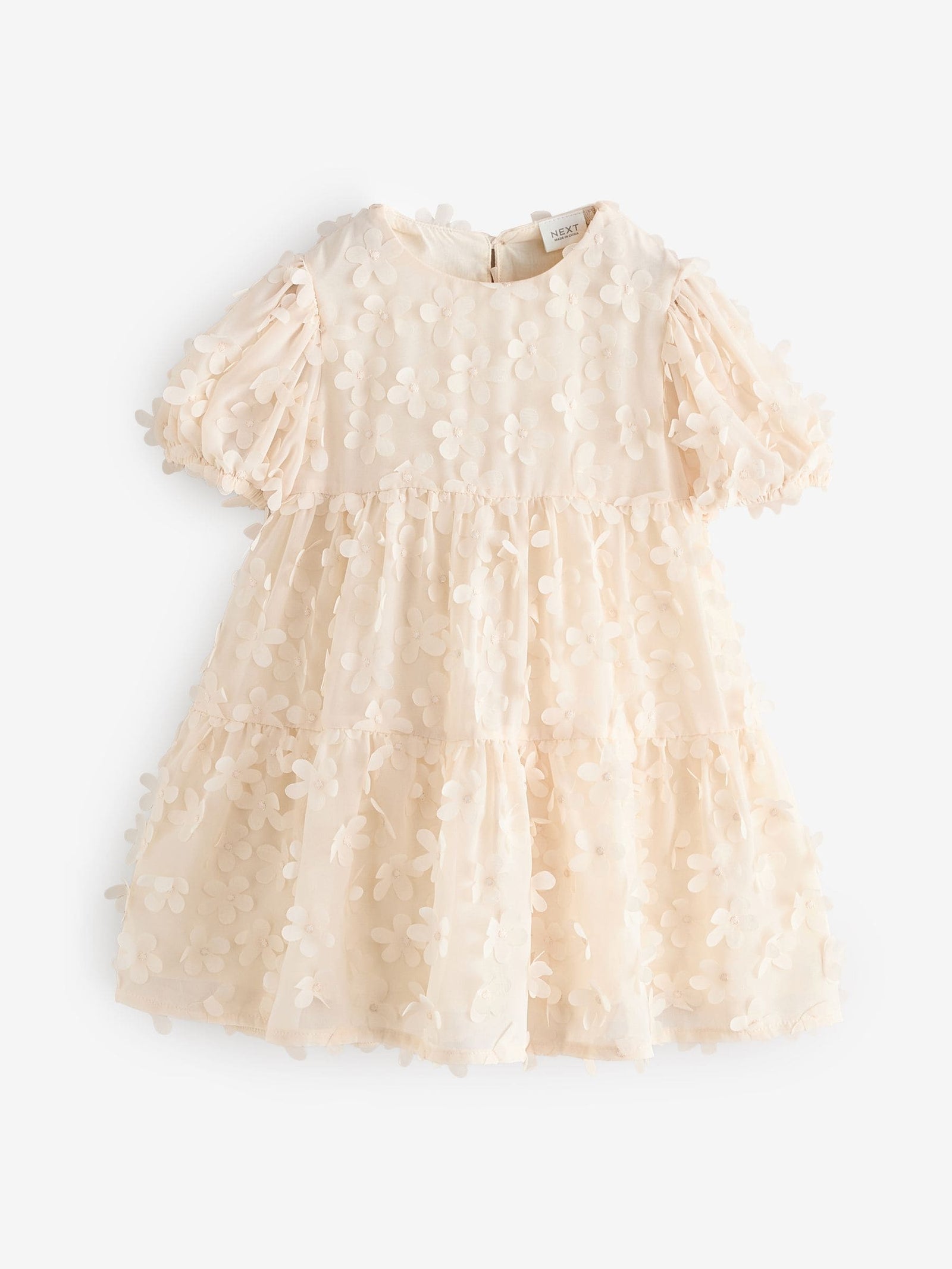 Ecru White Short Sleeve 3D Flowers Dress (3mths-8yrs)