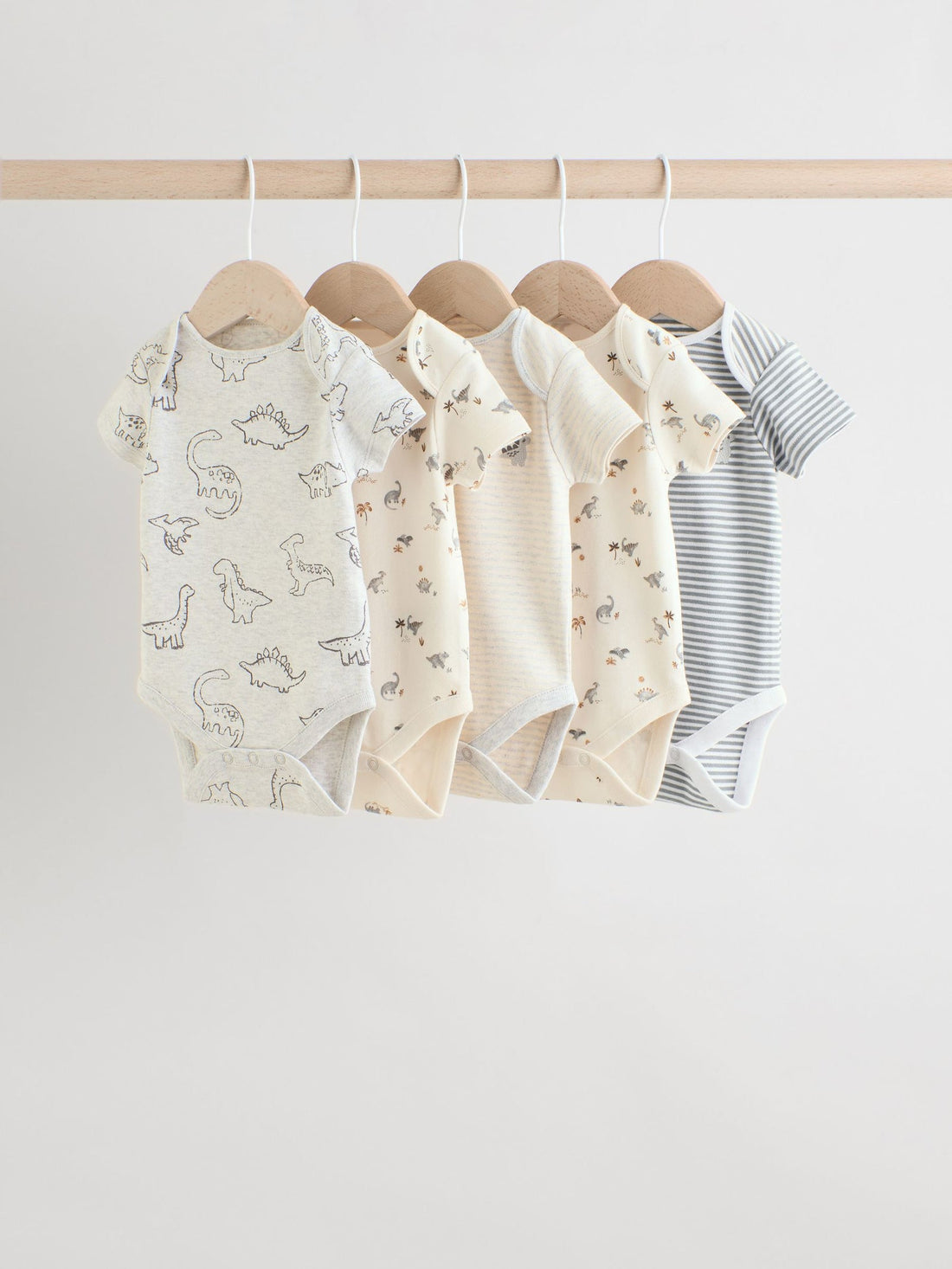 Grey Dinosaur Short Sleeve Baby Bodysuits 5 Pack