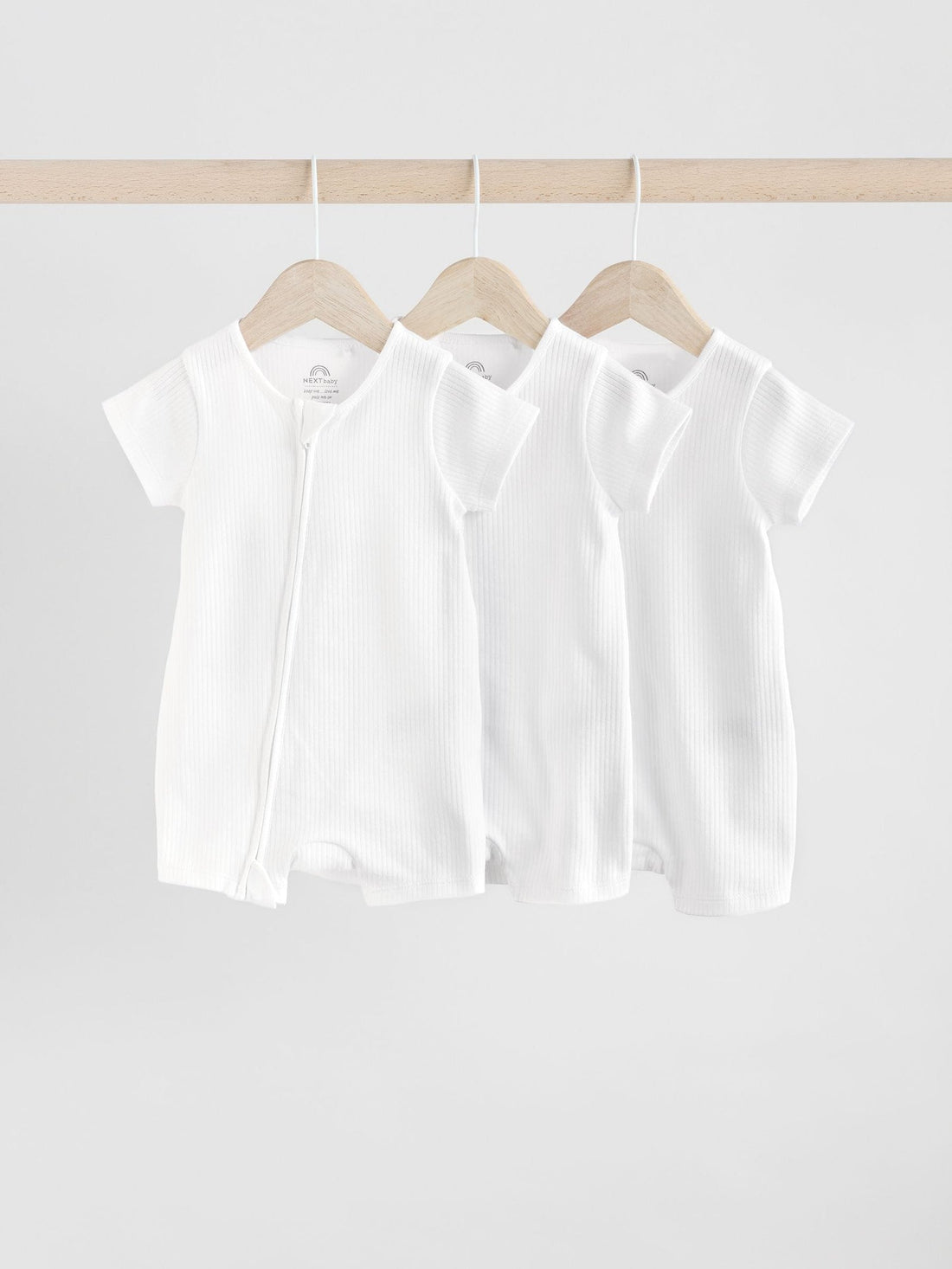 White 3 Pack Two Way Zip Baby 100% Cotton Rompers (0mths-3yrs)