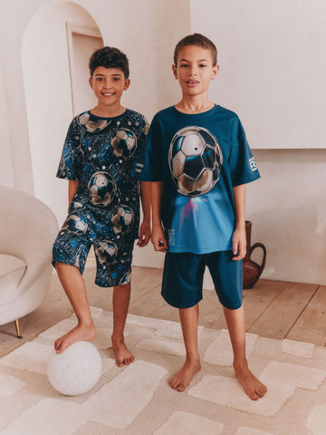 Blue Football Short Pyjamas 2 Pack (3-16yrs)