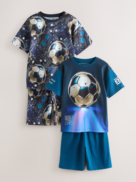 Blue Football Short Pyjamas 2 Pack (3-16yrs)