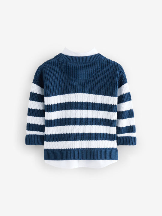 Navy Stripe 100% Cotton Knitted Mock Shirt Jumper immediate