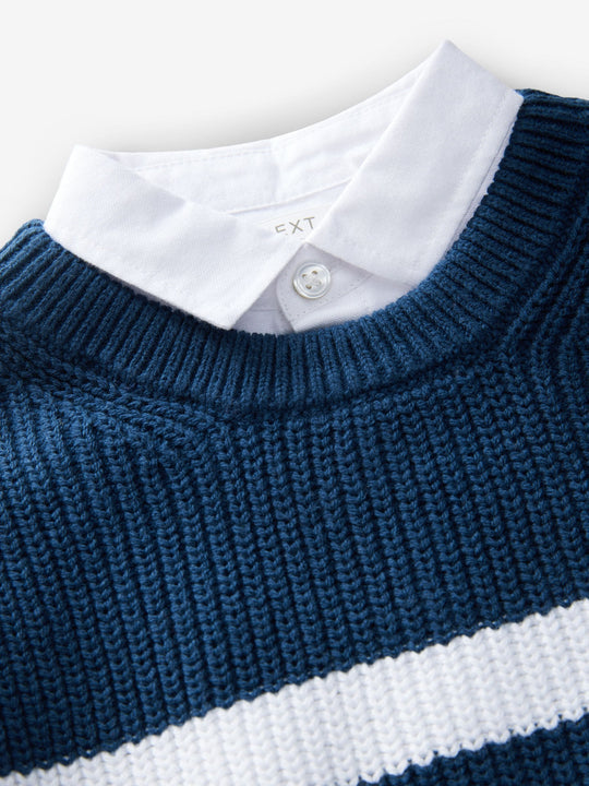 Navy Stripe 100% Cotton Knitted Mock Shirt Jumper immediate