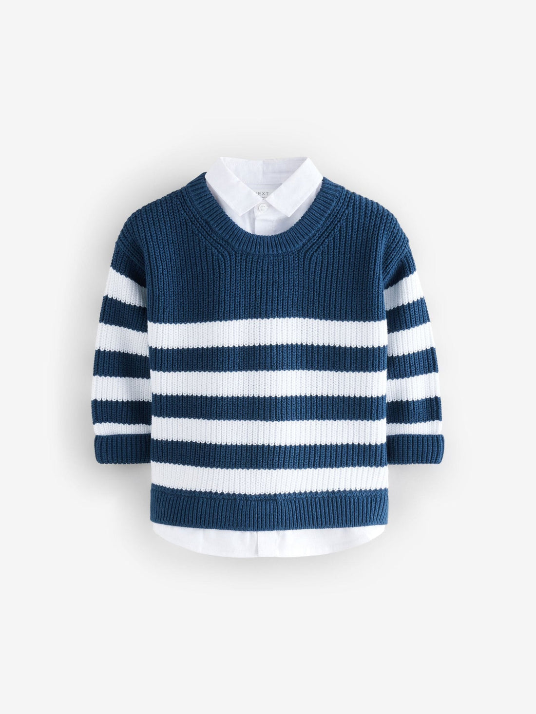 Navy Stripe 100% Cotton Knitted Mock Shirt Jumper immediate