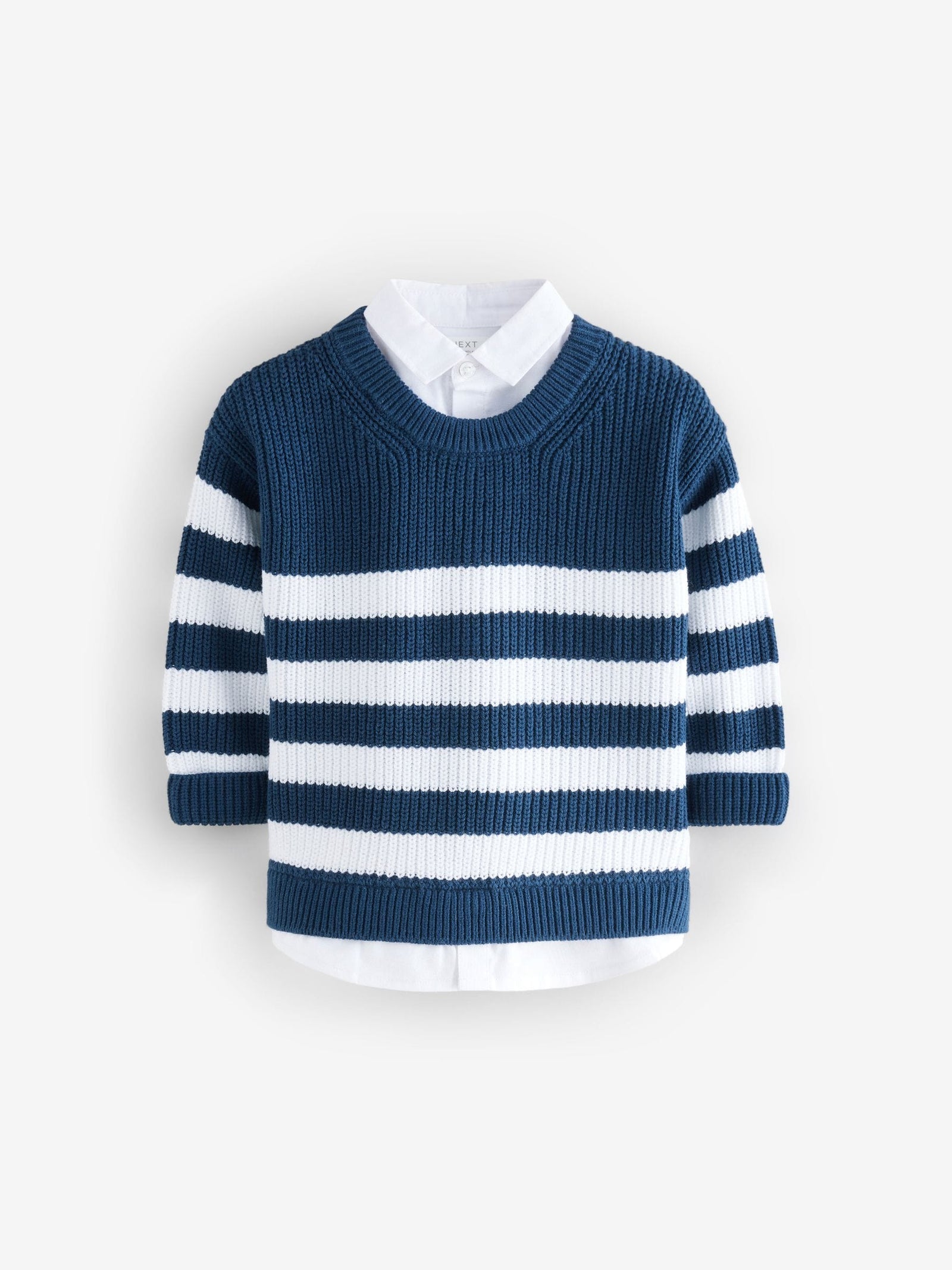 Navy Stripe 100% Cotton Knitted Mock Shirt Jumper immediate