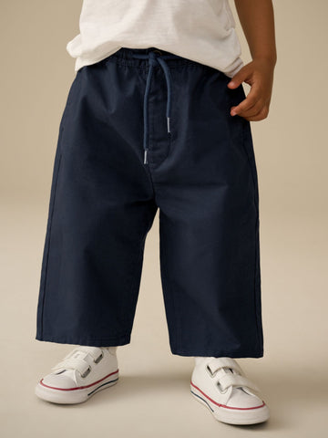 Navy Wide Leg 100% Cotton Chino Trousers with Elasticated Waist (3mths-7yrs)