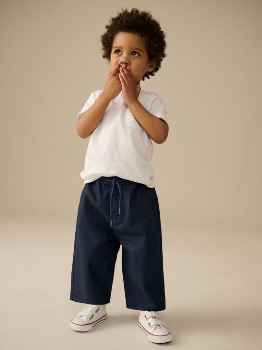 Navy Wide Leg 100% Cotton Chino Trousers with Elasticated Waist (3mths-7yrs)