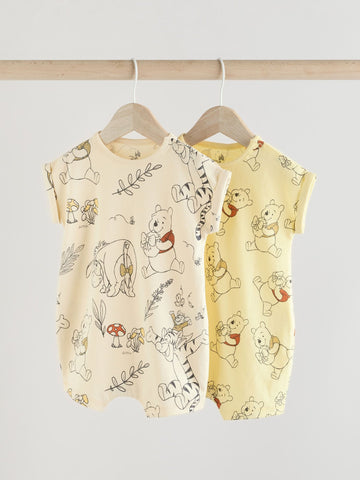 Yellow/White 2 Pack Printed Winnie The Pooh Baby Rompers