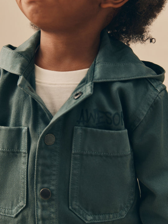 Dark Teal Blue Twill Hooded Overshirt and T-Shirt Set (3mths-7yrs)