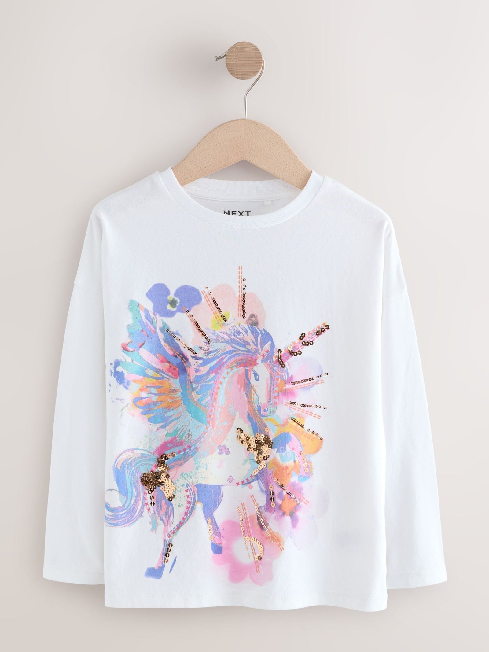White Unicorn Print Long Sleeve Sequin Top (3-16yrs)