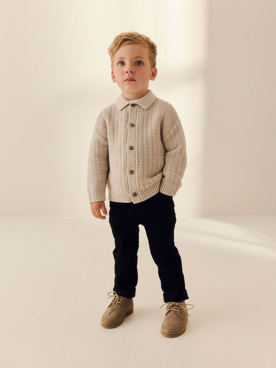 Neutral Textured Button Through Knitted Polo Shirt (3mths-7yrs)