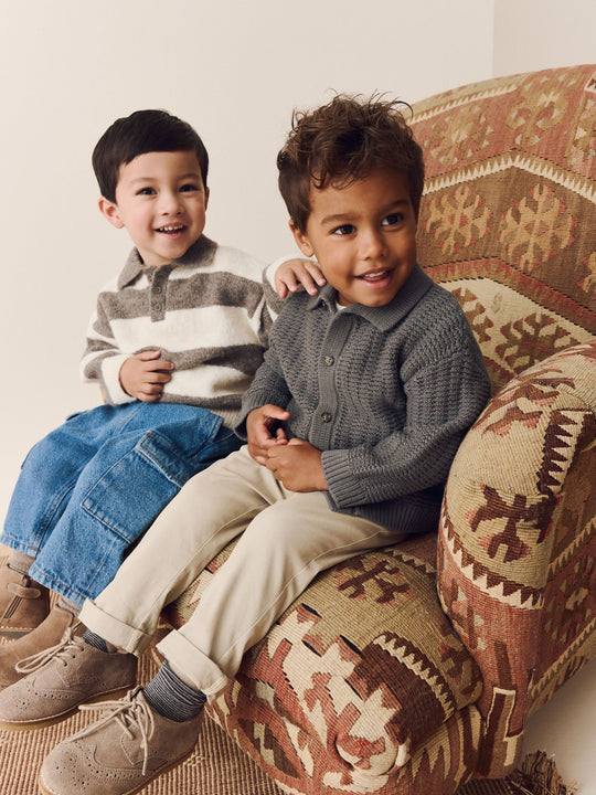 Grey/Brown Stripe Knitted Rugby Polo Shirt (3mths-7yrs)