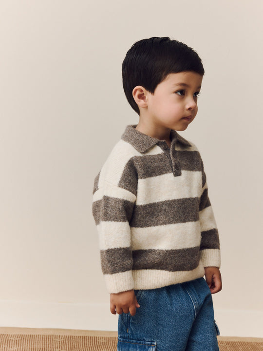 Grey/Brown Stripe Knitted Rugby Polo Shirt (3mths-7yrs)