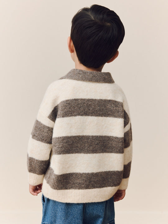 Grey/Brown Stripe Knitted Rugby Polo Shirt (3mths-7yrs)