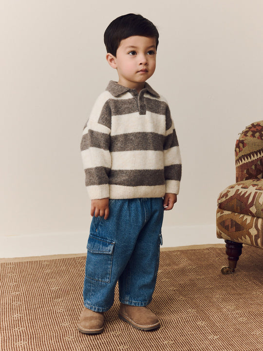 Grey/Brown Stripe Knitted Rugby Polo Shirt (3mths-7yrs)