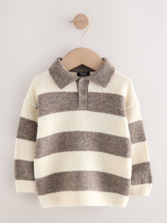 Grey/Brown Stripe Knitted Rugby Polo Shirt (3mths-7yrs)
