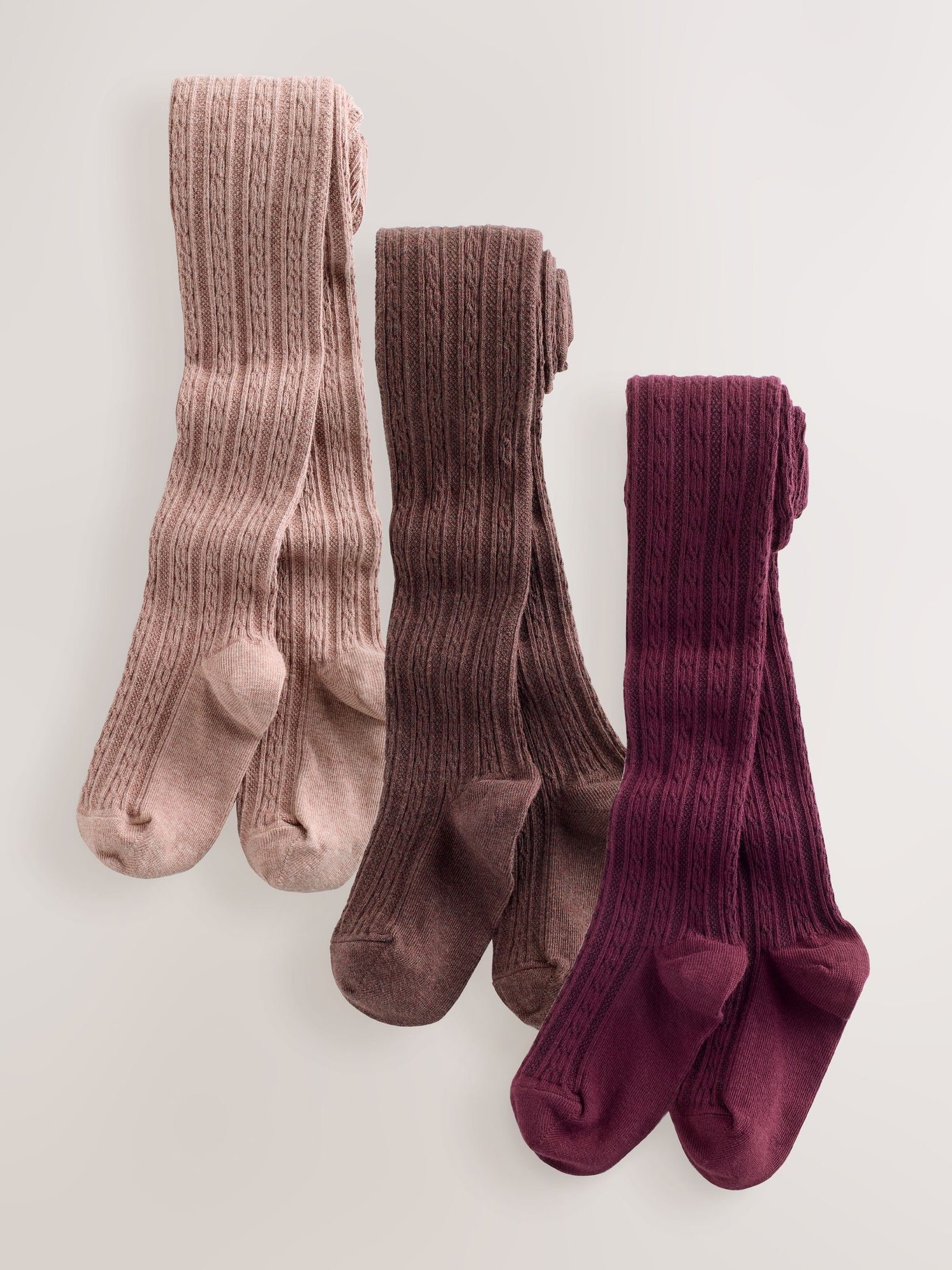 Pink Berry Red and Chocolate Brown Regular Length Cotton Rich Cable Tights 3 Pack