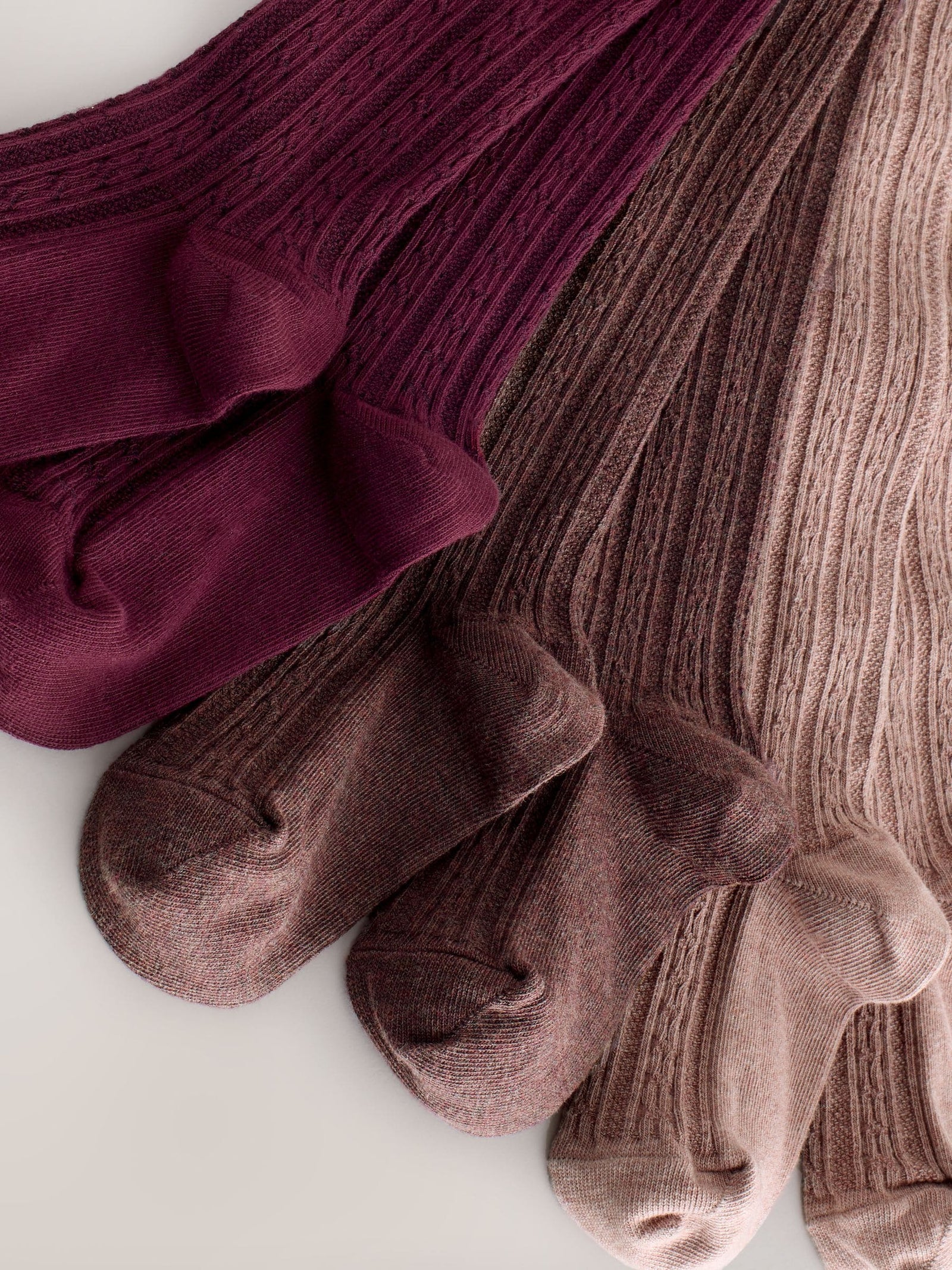 Pink Berry Red and Chocolate Brown Regular Length Cotton Rich Cable Tights 3 Pack