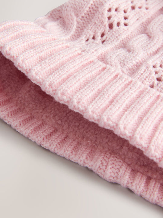 Pink Pointelle Cable Knitted Pom Hat