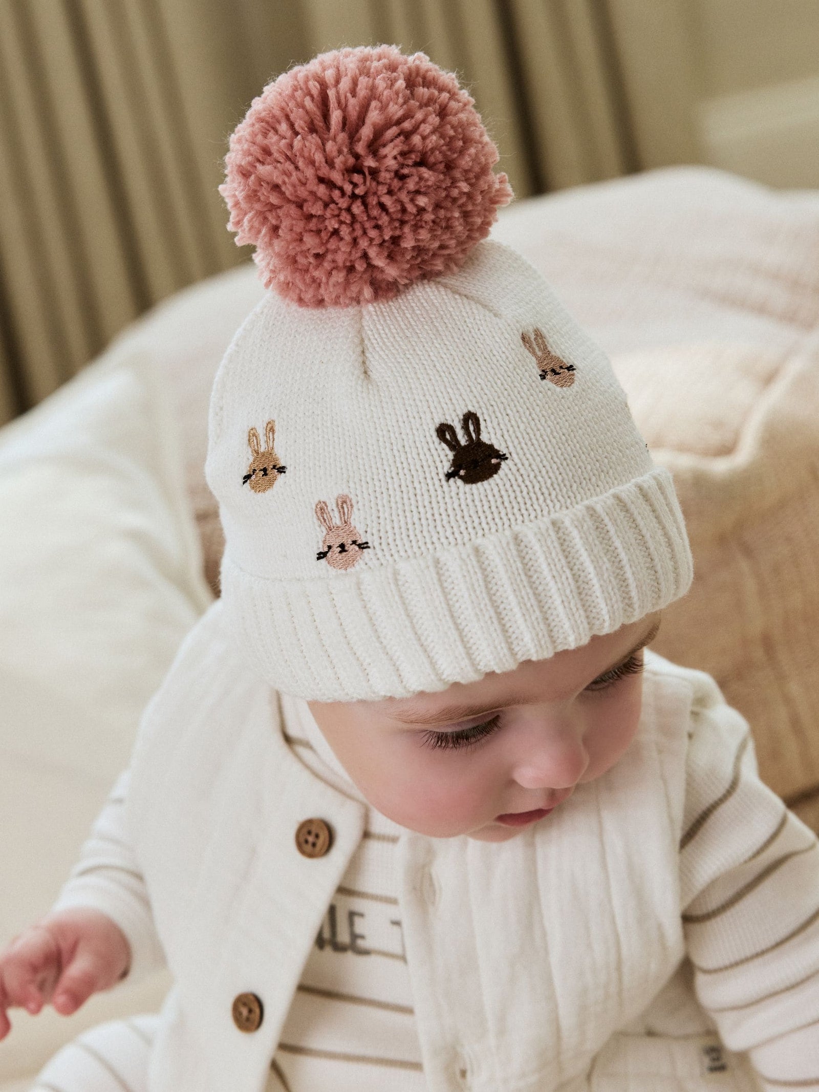 Pink/Cream Embroidered Bunny Character Pom Knitted Hat immediate
