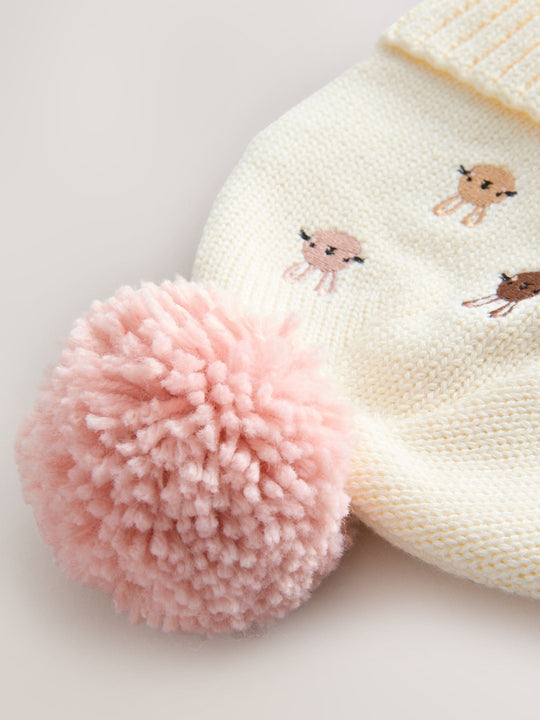 Pink/Cream Embroidered Bunny Character Pom Knitted Hat (0mths-2yrs)