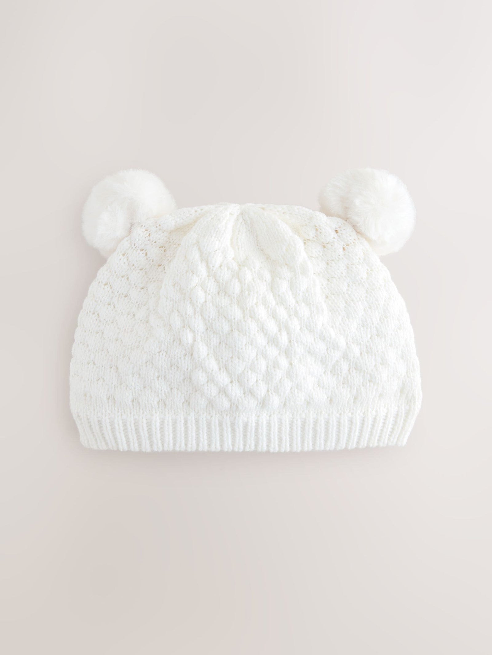 White Baby Double Pom Knitted Hat (0-18mths)