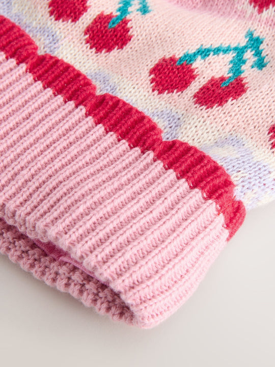 Pink Baby Cherry Fairisle Pattern Knitted Pom Hat (0mths-2yrs)