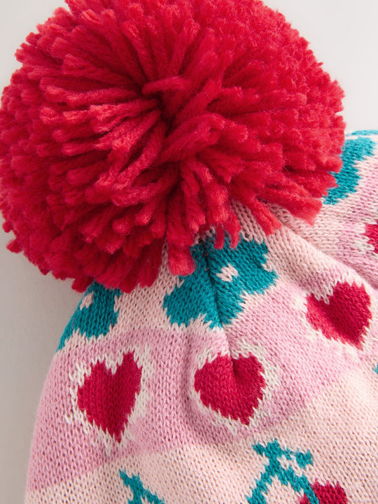 Pink Baby Cherry Fairisle Pattern Knitted Pom Hat (0mths-2yrs)