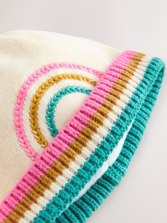 Cream Rainbow Embroidered Baby Knitted Pom Hat (0mths-2yrs)