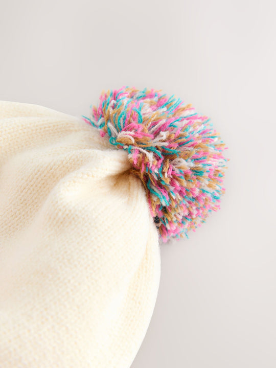 Cream Rainbow Embroidered Baby Knitted Pom Hat (0mths-2yrs)