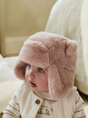 Pink Faux Fur Bear Baby Trapper Hat (0mths-2yrs)