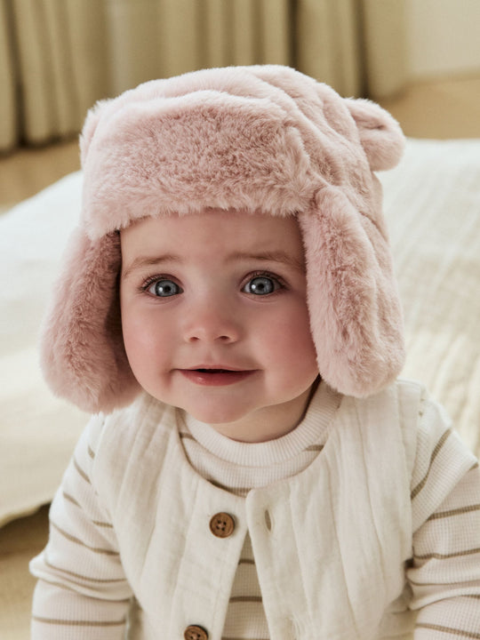 Pink Faux Fur Bear Baby Trapper Hat (0mths-2yrs)