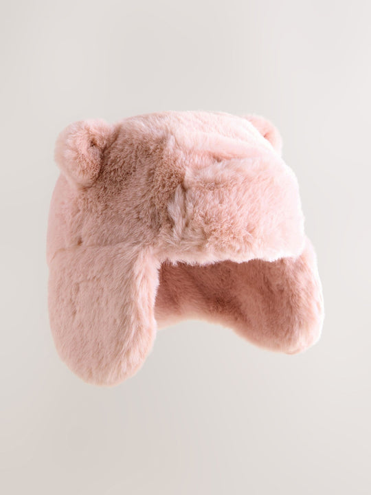 Pink Faux Fur Bear Baby Trapper Hat (0mths-2yrs)
