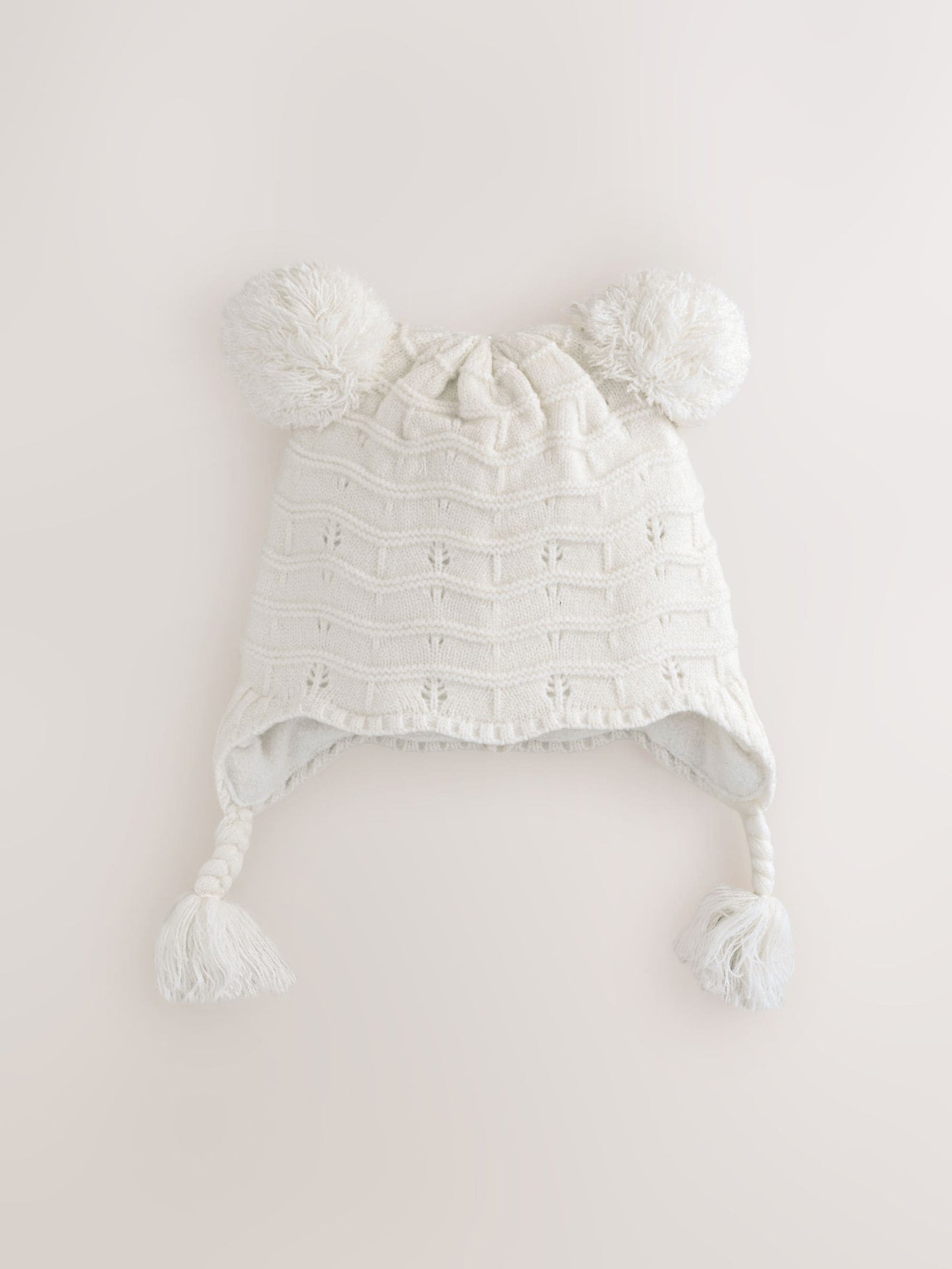 White Knitted Baby Pointelle Double Pom Trapper Hat immediate