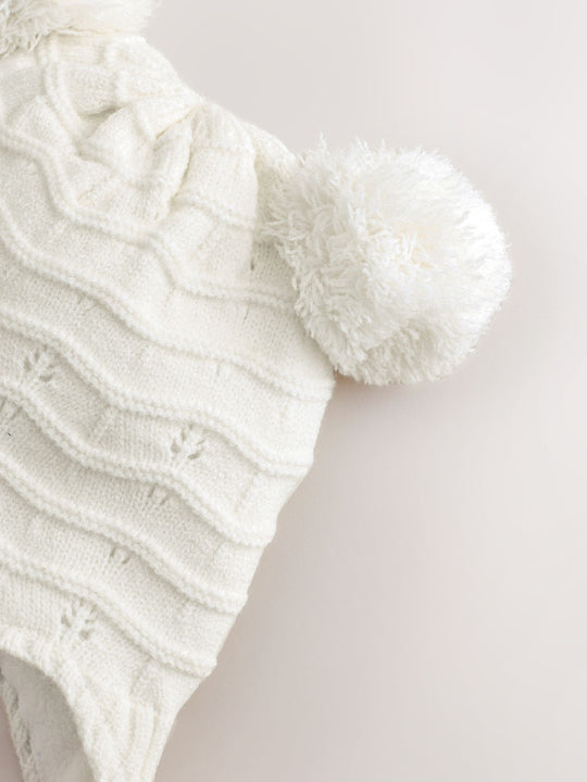 White Knitted Baby Pointelle Double Pom Trapper Hat (0mths-2yrs)