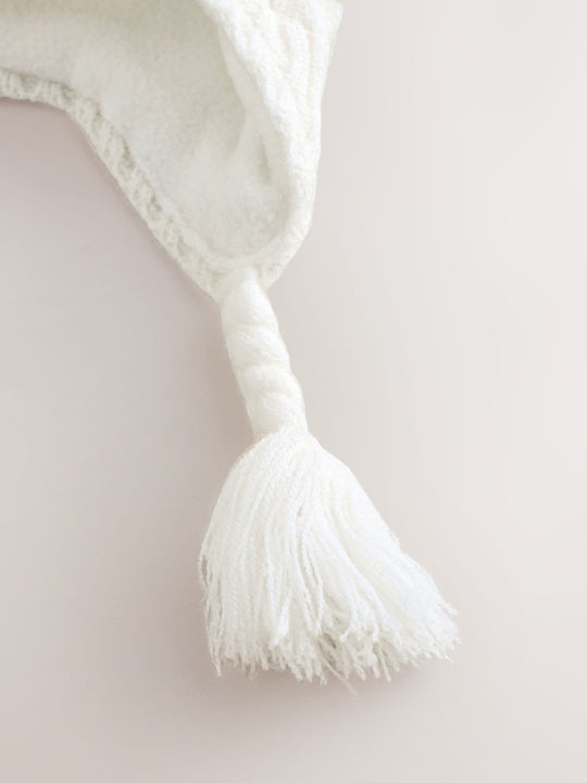 White Knitted Baby Pointelle Double Pom Trapper Hat (0mths-2yrs)