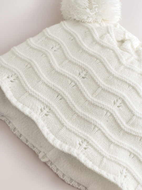 White Knitted Baby Pointelle Double Pom Trapper Hat (0mths-2yrs)