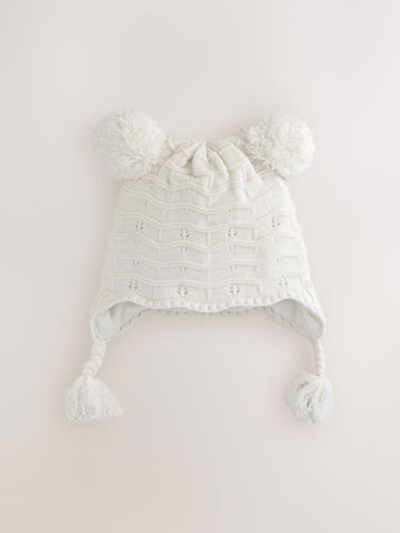 White Knitted Baby Pointelle Double Pom Trapper Hat (0mths-2yrs)