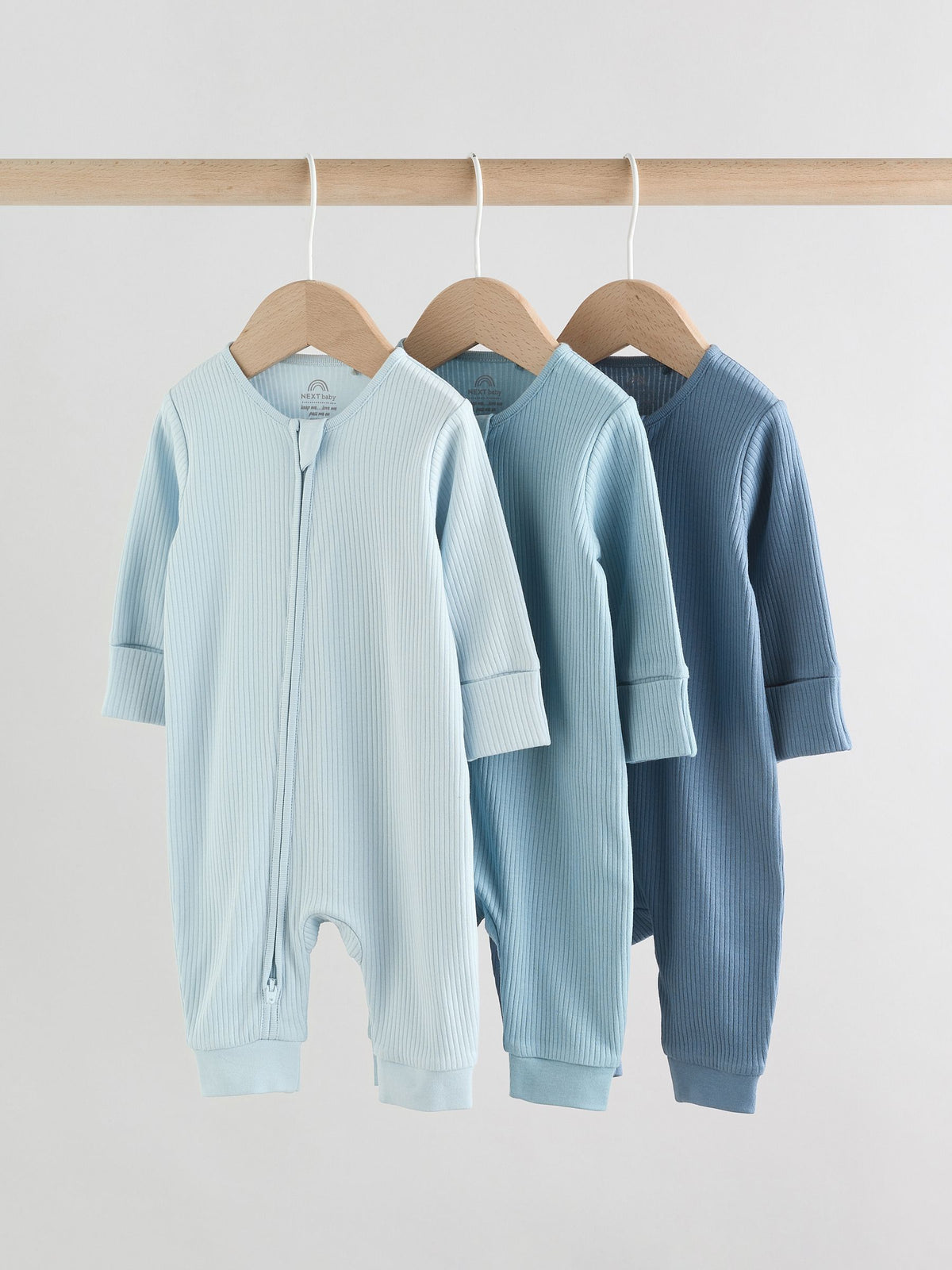 Blue Two Way Zip Footless Baby Sleepsuits 3 Pack (0-3yrs)