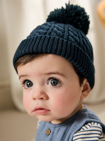 Navy Baby Knitted Hat With Pom