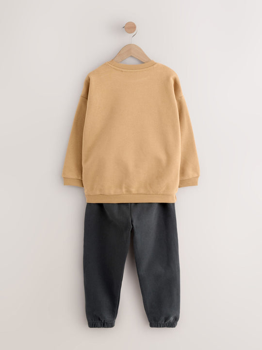 Tan/Ecru/Charcoal Grey 2 Pack Sweatshirt and Joggers Set (3mths-7yrs)
