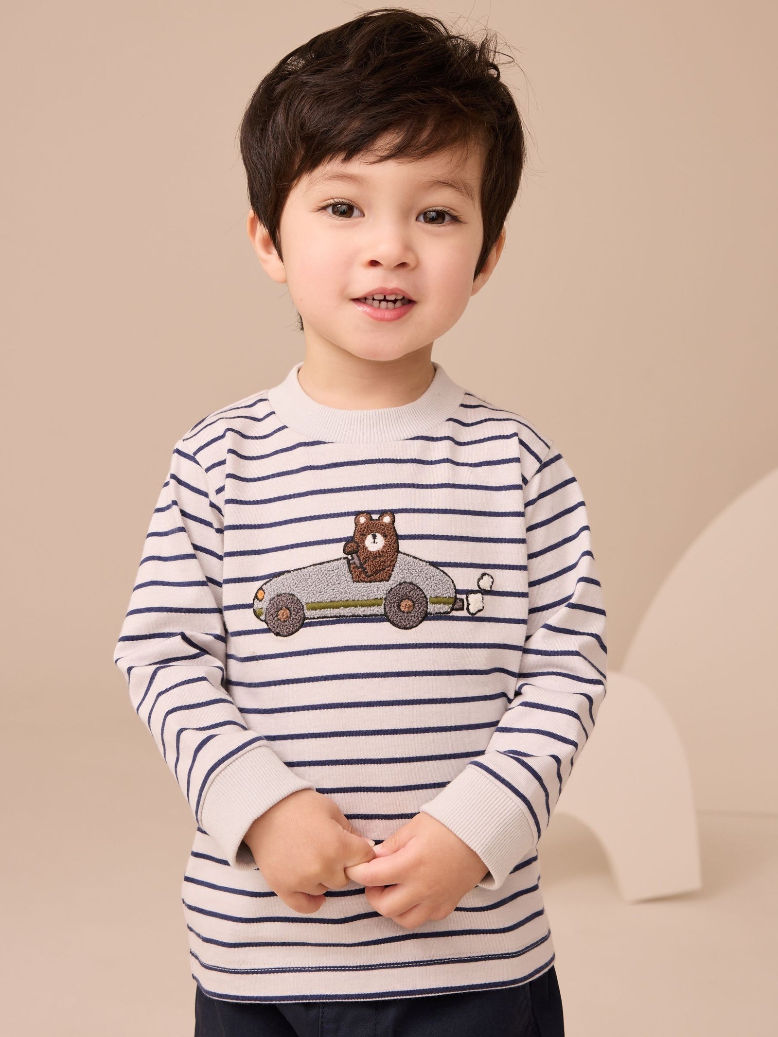 White/Blue Stripe Bear Car Long Sleeve Appliqué T-Shirt (3mths-7yrs)