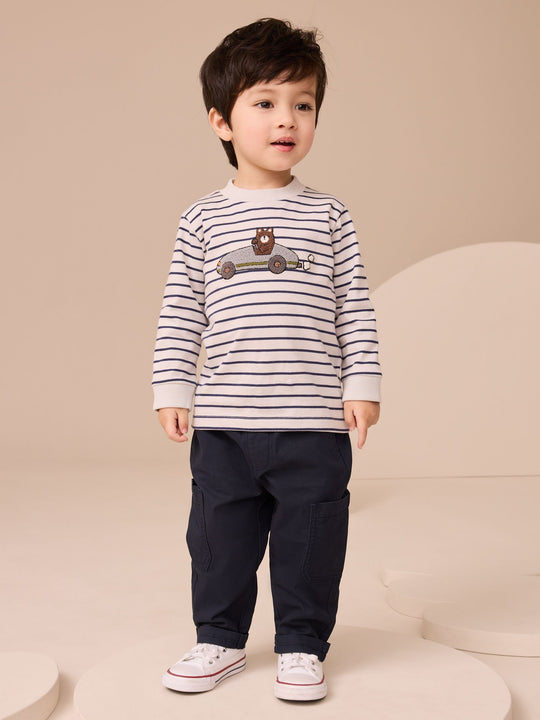 White/Blue Stripe Bear Car Long Sleeve Appliqué T-Shirt (3mths-7yrs)