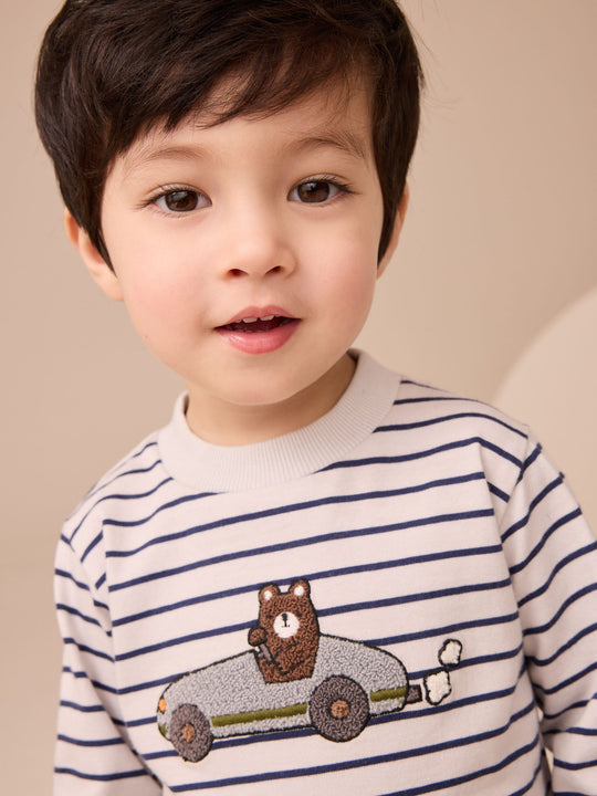 White/Blue Stripe Bear Car Long Sleeve Appliqué T-Shirt (3mths-7yrs)