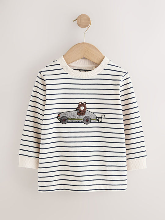 White/Blue Stripe Bear Car Long Sleeve Appliqué T-Shirt (3mths-7yrs)
