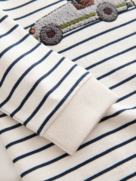 White/Blue Stripe Bear Car Long Sleeve Appliqué T-Shirt (3mths-7yrs)