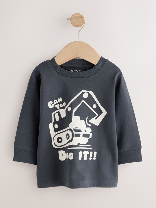 Black/Brown Digger Long Sleeve Graphic Print T-Shirts 3 Pack (3mths-7yrs)