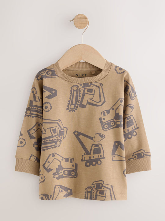 Black/Brown Digger Long Sleeve Graphic Print T-Shirts 3 Pack (3mths-7yrs)