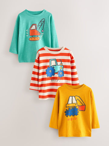 Multi Digger Long Sleeve Graphic Print T-Shirts 3 Pack (3mths-7yrs)